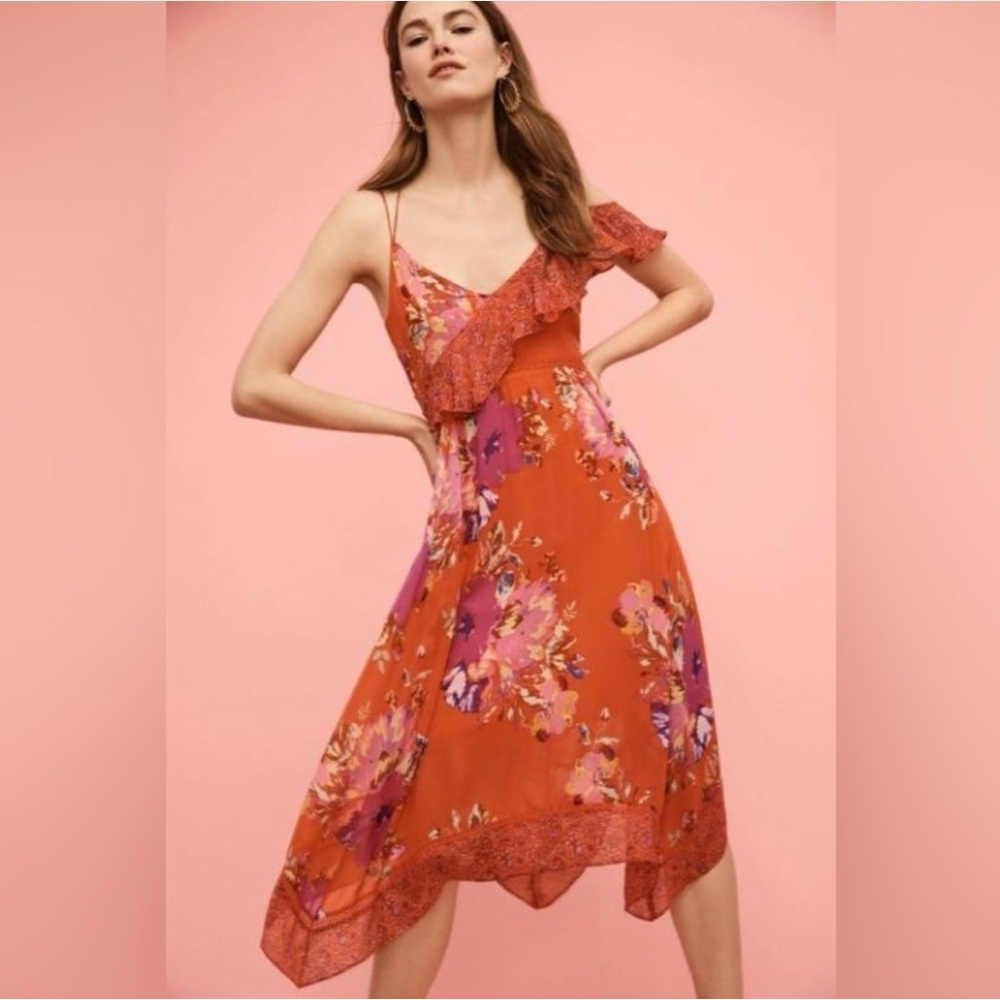 Anthropologie Maeve Grecia Asymmetrical Floral Dress Red 0P